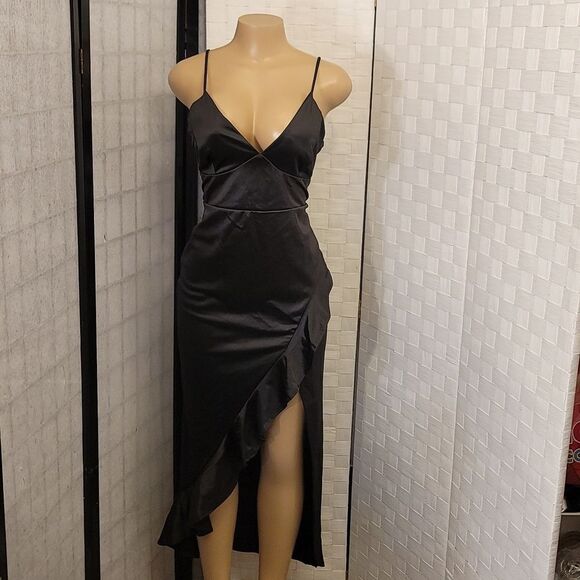 BRAND NEW E.L.H STUDIO HIGH LOW RUFFLE HEM SATIN DRESS - Picture 2 of 14